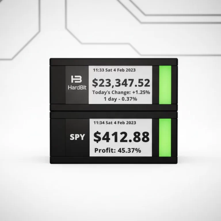 TickrMeter E-Ink display showing live Bitcoin and stock market prices on a minimalist desk