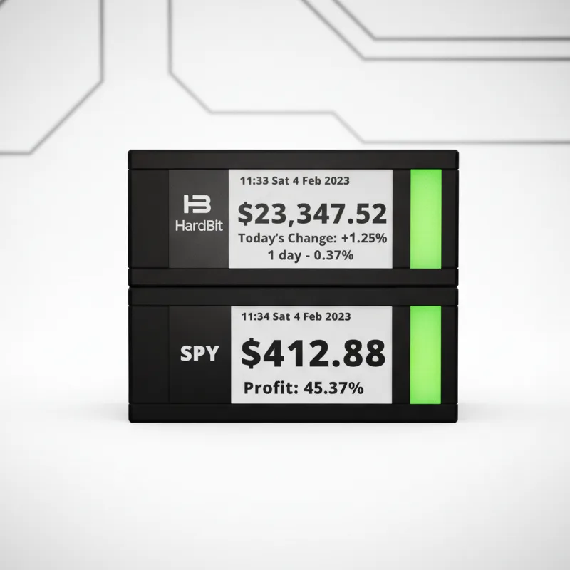 TickrMeter2 TickrMeter E-Ink display showing live Bitcoin and stock market prices on a minimalist desk